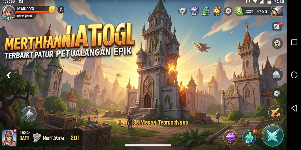 Screenshot gameplay MARIATOGL menampilkan menara dan gelombang musuh yang menyerang.