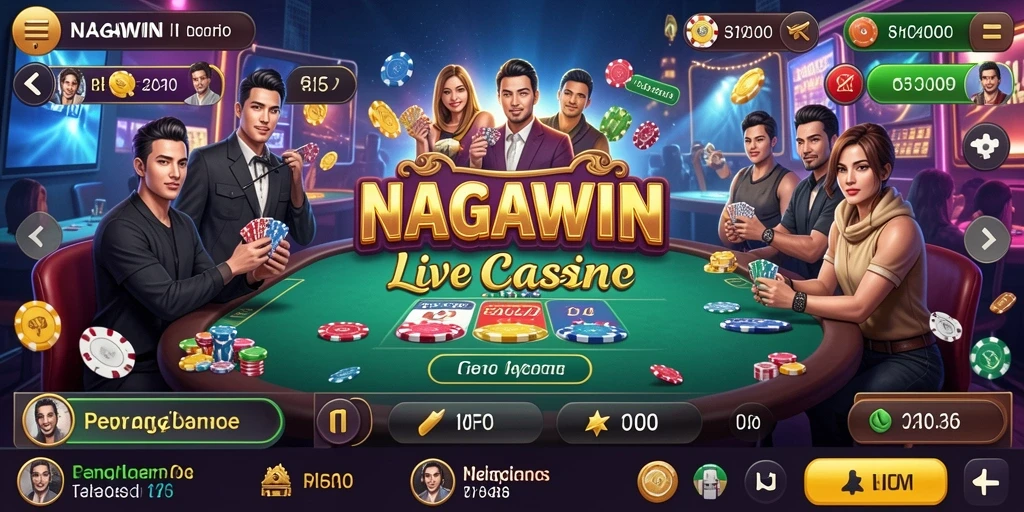 Screenshot gameplay NAGAWIN menampilkan dealer profesional dan suasana kasino yang nyata.