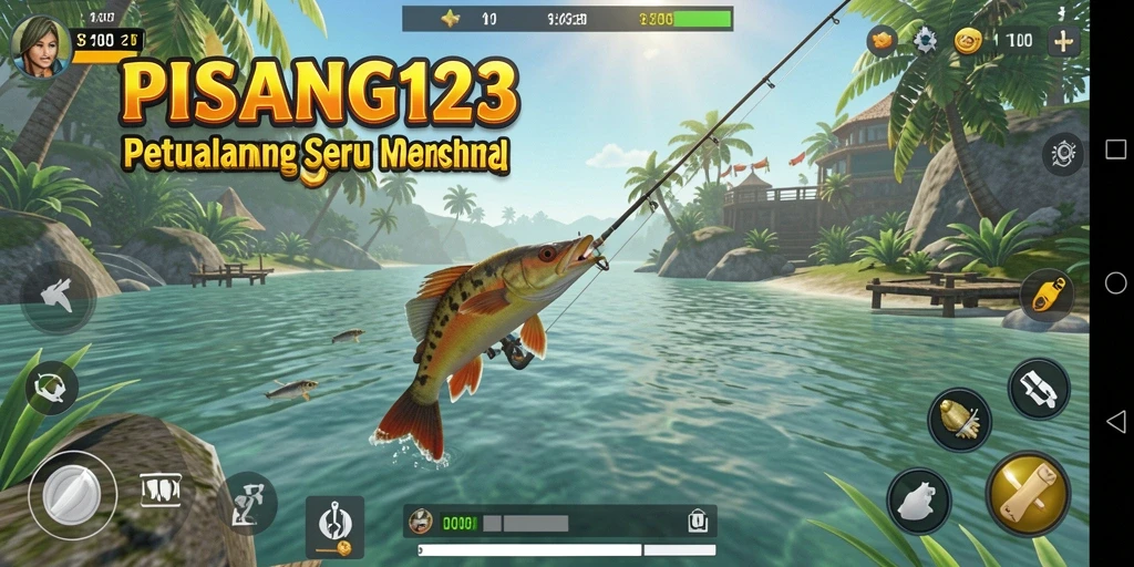 Screenshot PISANG123 menampilkan gameplay seru saat memancing.