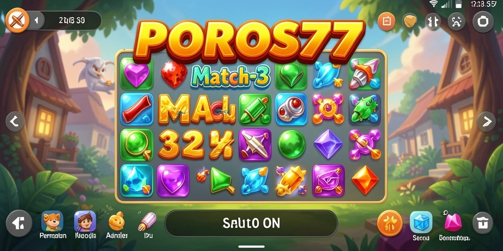 Tangkapan layar utama POROS77 menampilkan aksi seru dalam permainan Match-3.