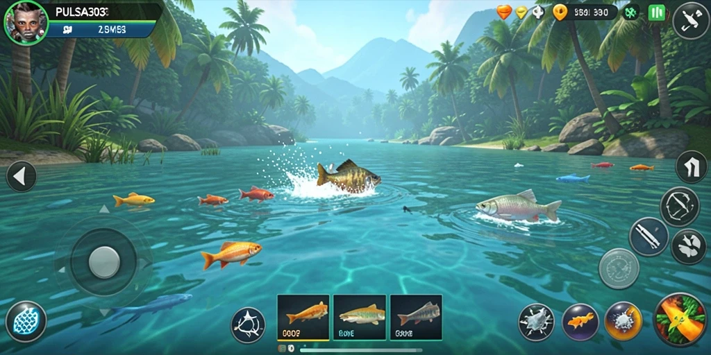 Screenshot permainan PULSA303 menunjukkan suasana memancing yang mengasyikkan.
